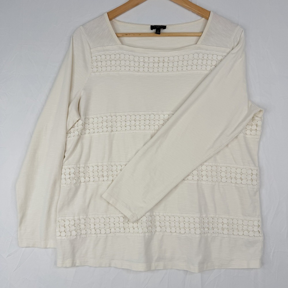 Talbots Shirt Women's 1X Long Sleeve Square Neck Crochet Trim Off-White Pullover